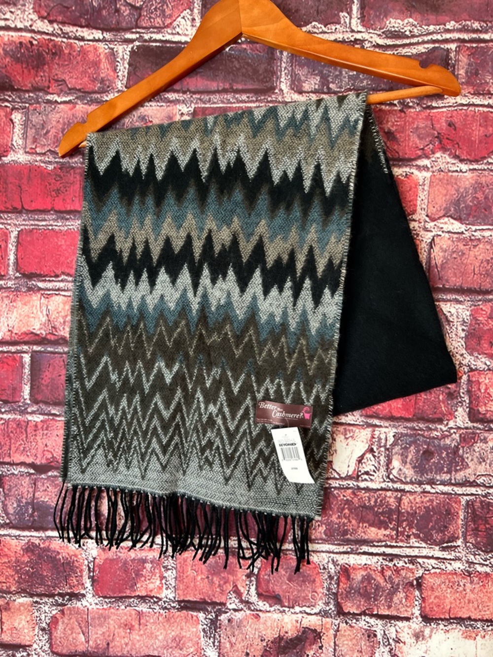 NWT Better Than Cashmere Chevron Scarf - Gray Blue Black Zig Zag Fringe